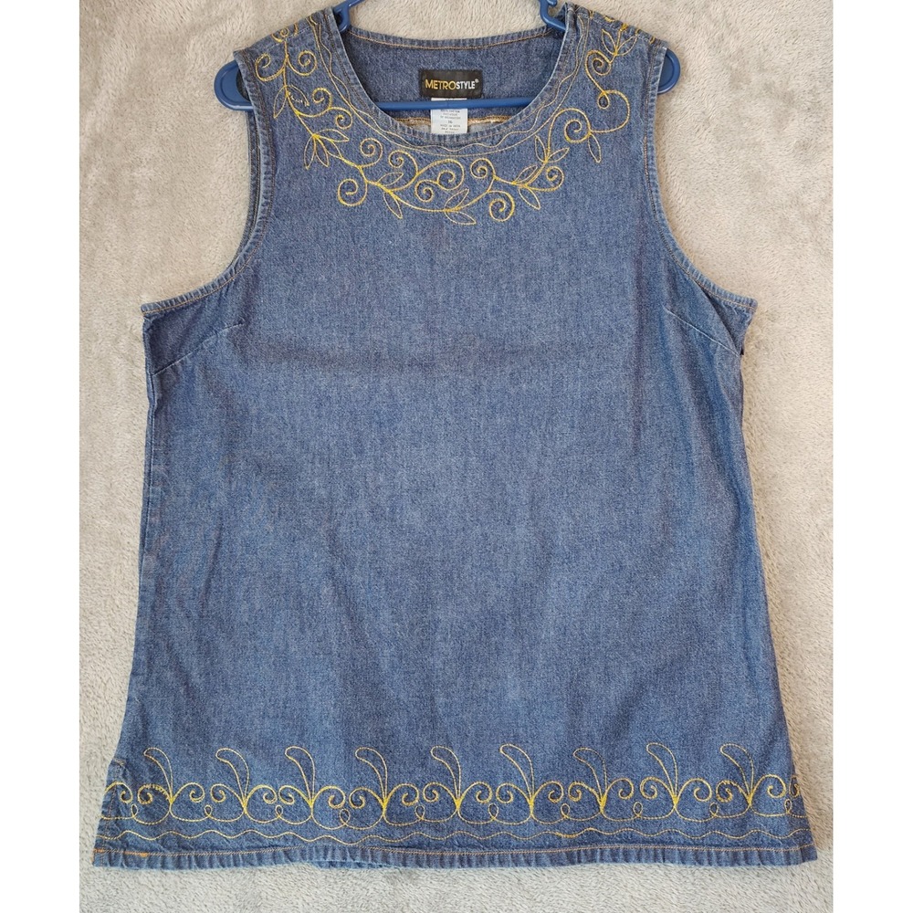 MetroStyle 2 Piece Set Womens Size 16 Top Pants Blue Denim Floral 90s Vintage - Picture 2 of 12